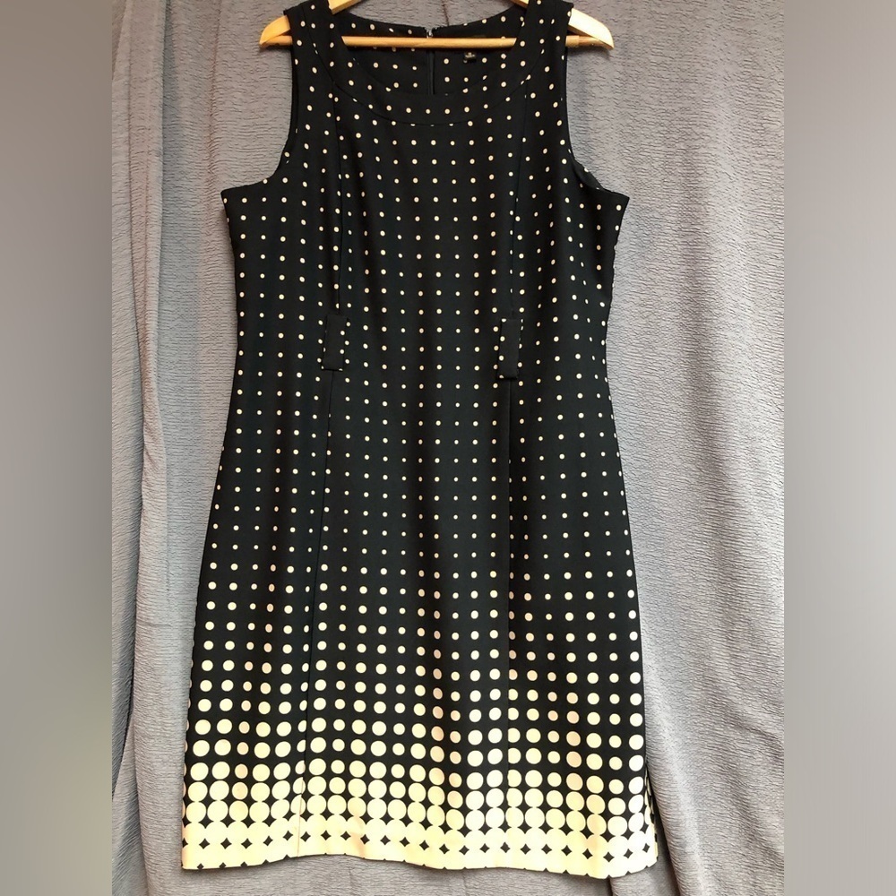 ILE, New York, 18 black sheath dress with tan polkadots